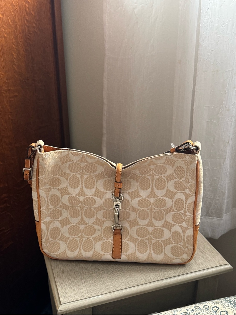 Coach Beige Signature Canvas Shoulder Bag with Tan Leather Accents